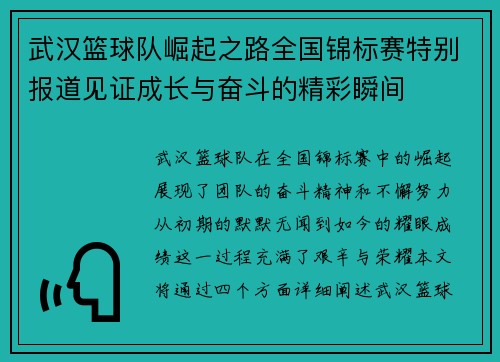 武汉篮球队崛起之路全国锦标赛特别报道见证成长与奋斗的精彩瞬间